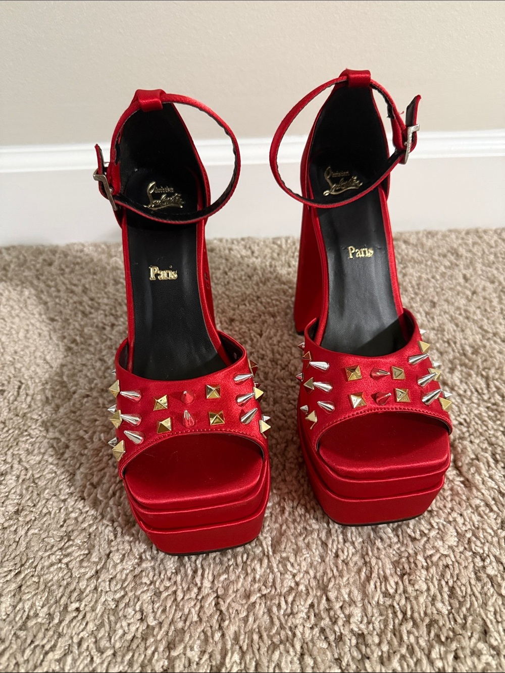 Christian Louboutin Red Satin Studded Platform Sandals with Ankle Strap